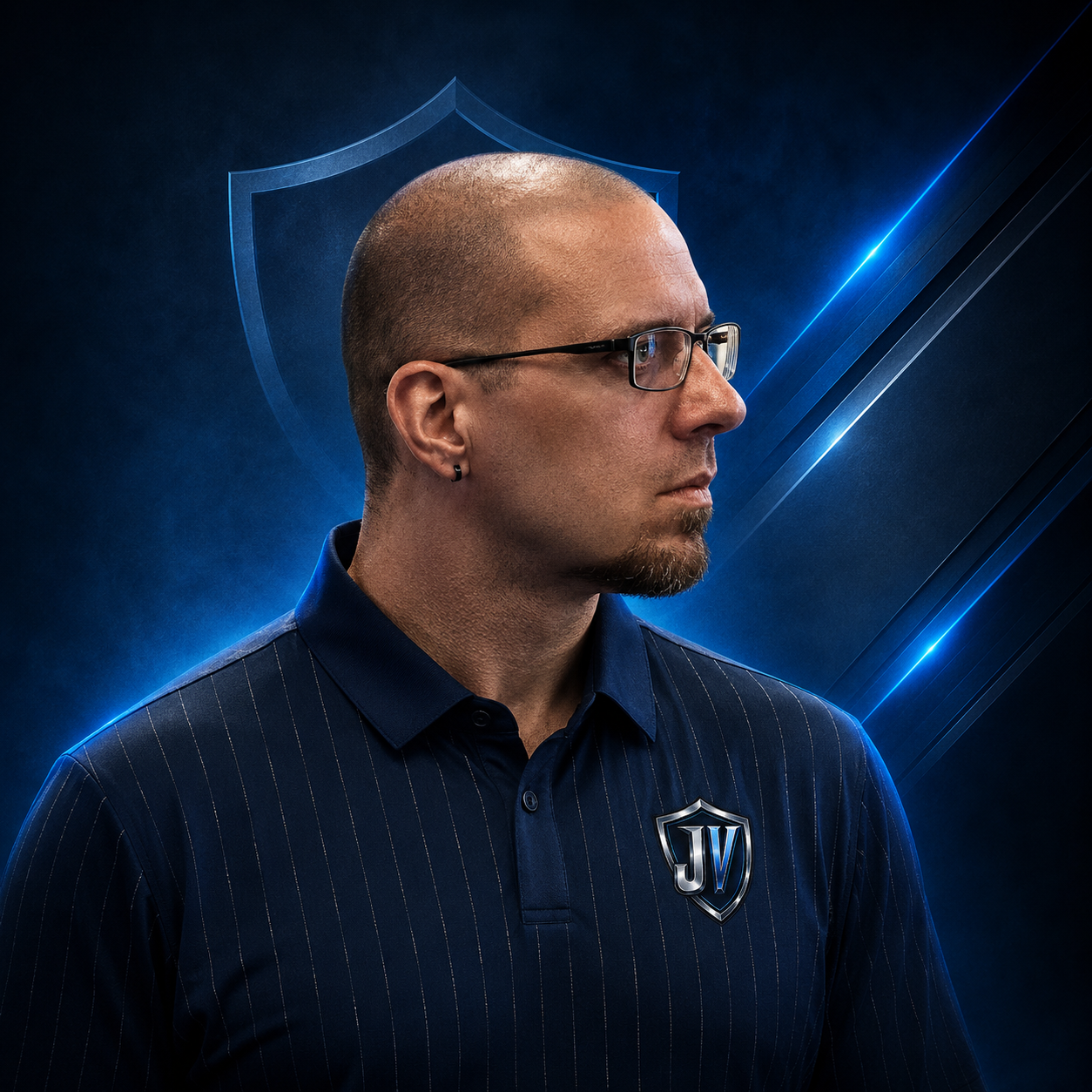 Jonathan Venable, JVenable Coaching coach portrait with JV shield logo