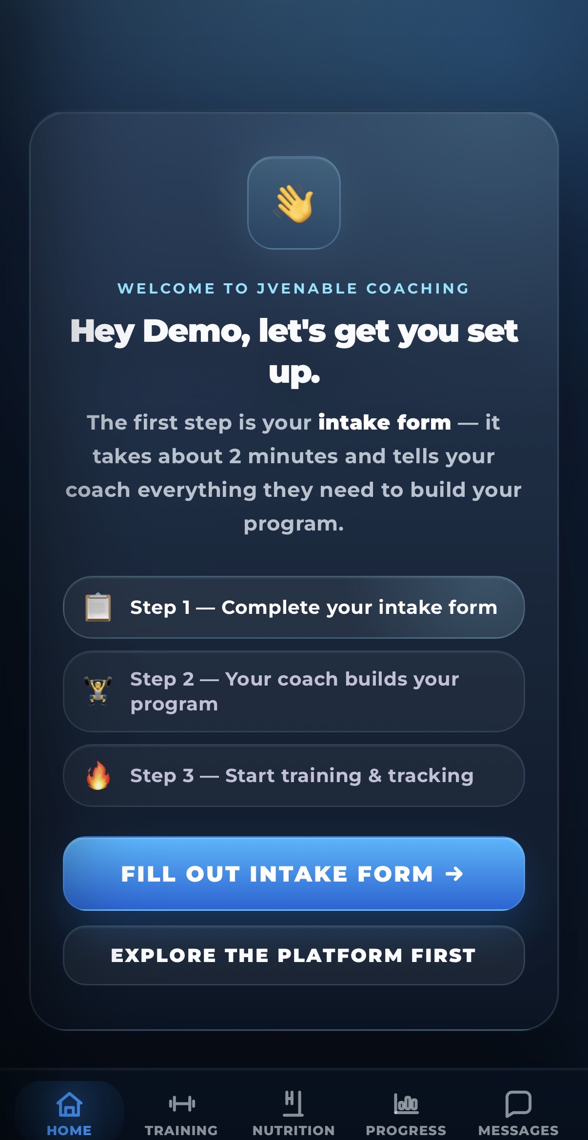 JVenable Coaching onboarding intake screen preview