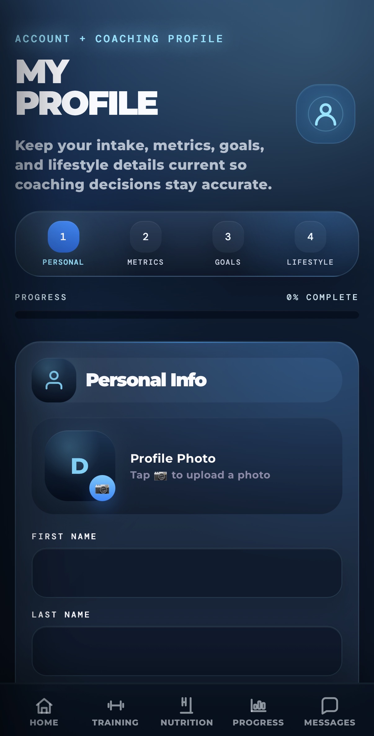 JVenable Coaching profile setup screen preview