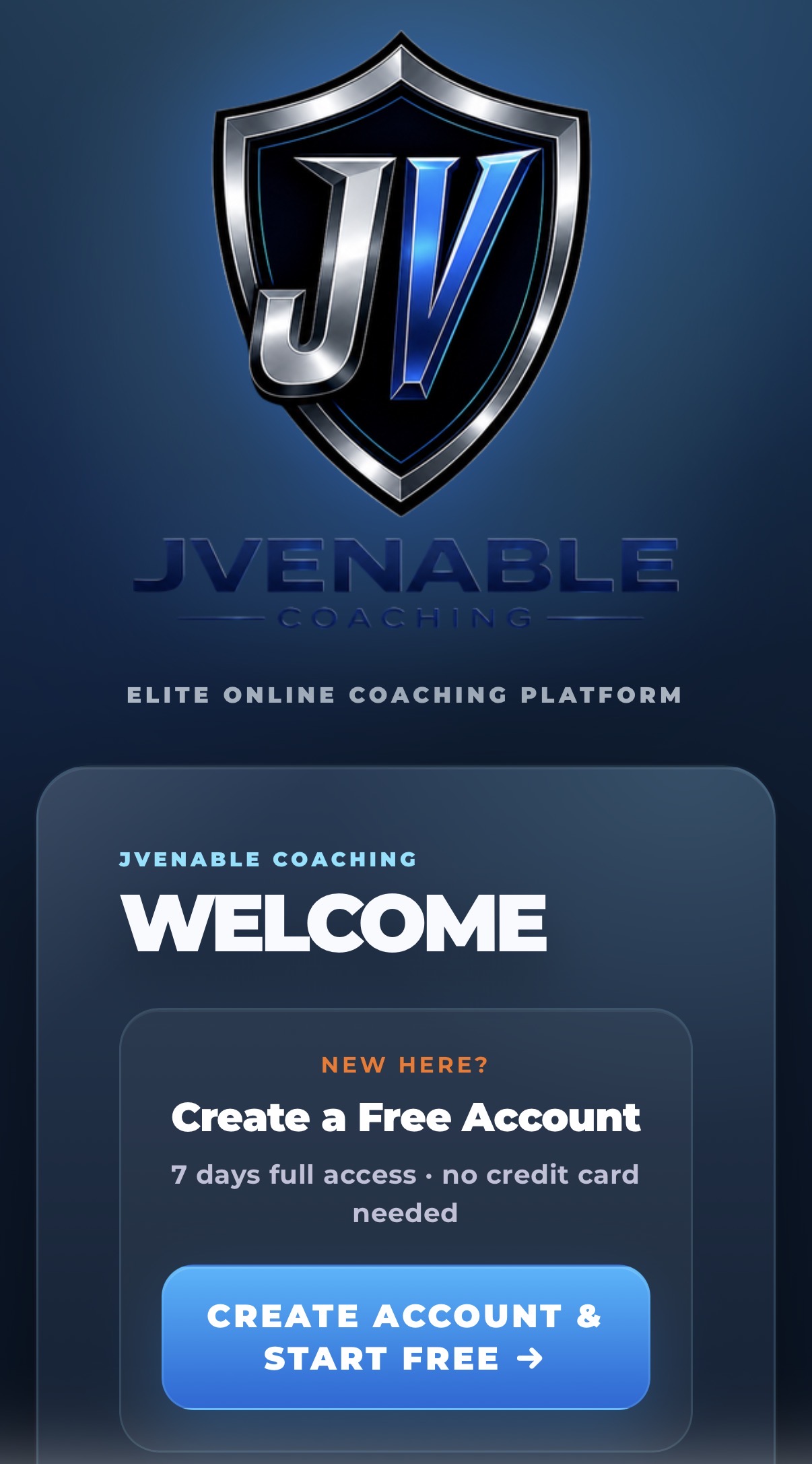 JVenable Coaching free account signup screen preview