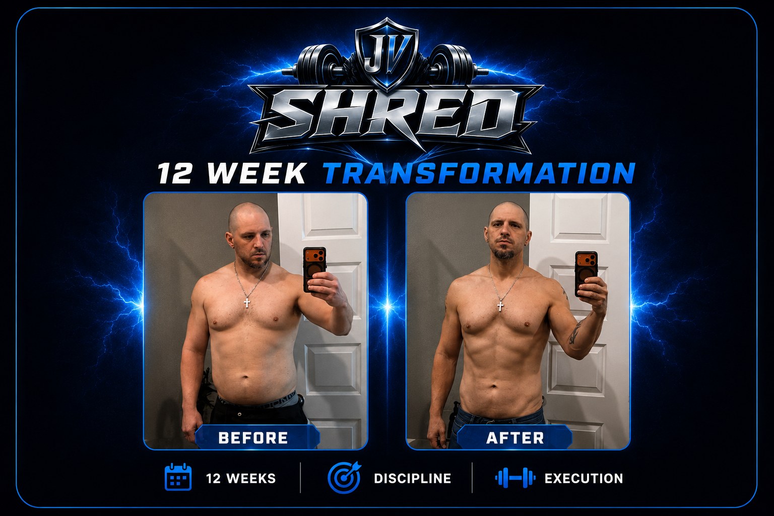 Jonathan Venable 12 Week Shred before and after transformation graphic with before and after photos